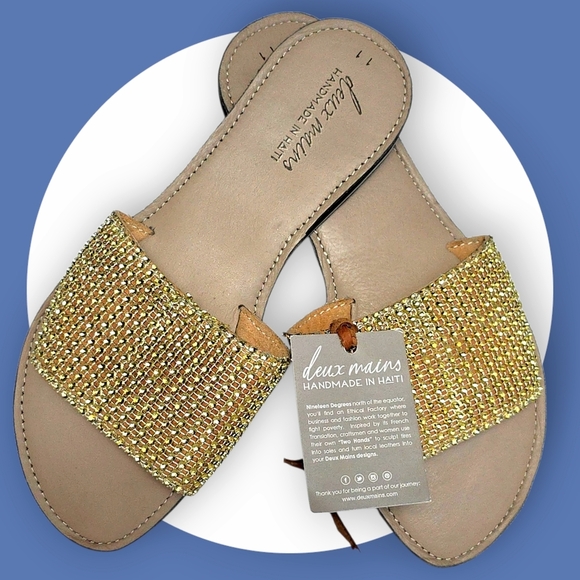 🆕 Boho Luxe Crystal Slides Deux Mains Handmade Haiti 100% Leather Eco Sandals - Picture 5 of 14